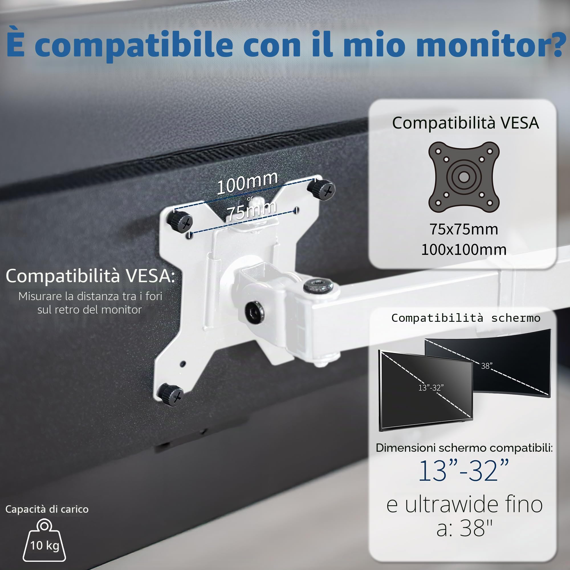 VIVO STAND-V001W - Supporto da scrivania con braccio singolo per monitor, supporta schermi fino a 32" regolari e 38" ultrawide, supporto completamente regolabile con morsetto a C e base con passacavo,