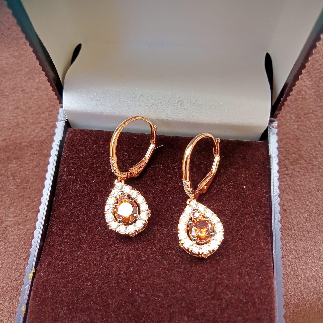 5 CT Round Shape Brown Diamond and White Diamond Halo Wedding Engagement Drop Dangle Earrings In 14K Rose Gold Plated 925 Sterling Silver Gitf for Womens