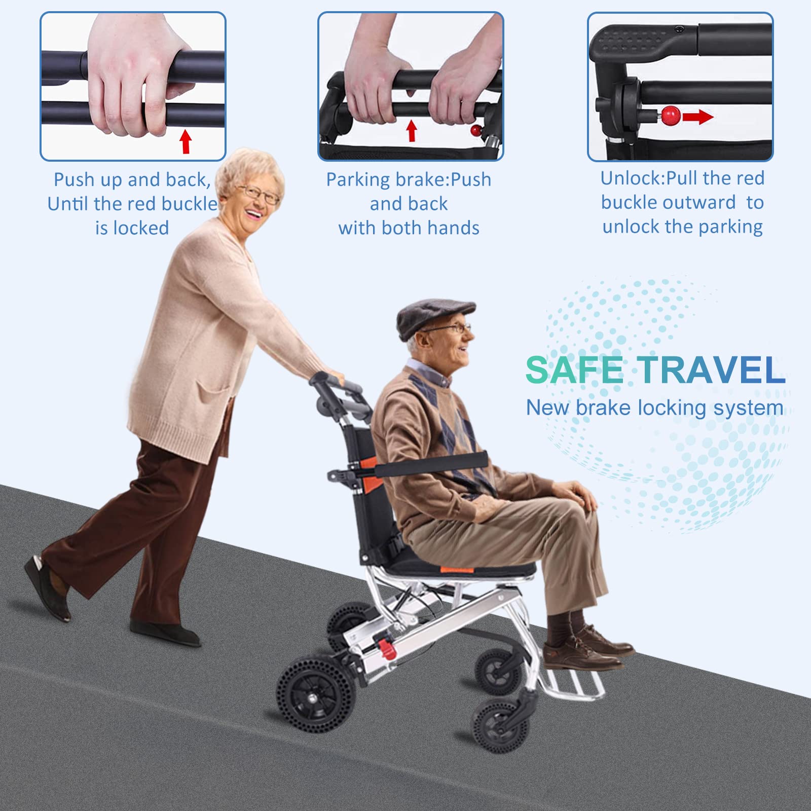 Silla de ruedas, silla de ruedas plegable ligera, sillas de ruedas de viaje portátiles, con marco plegable, freno de mano, silla de ruedas de aluminio para adultos y personas mayores, soporta 220