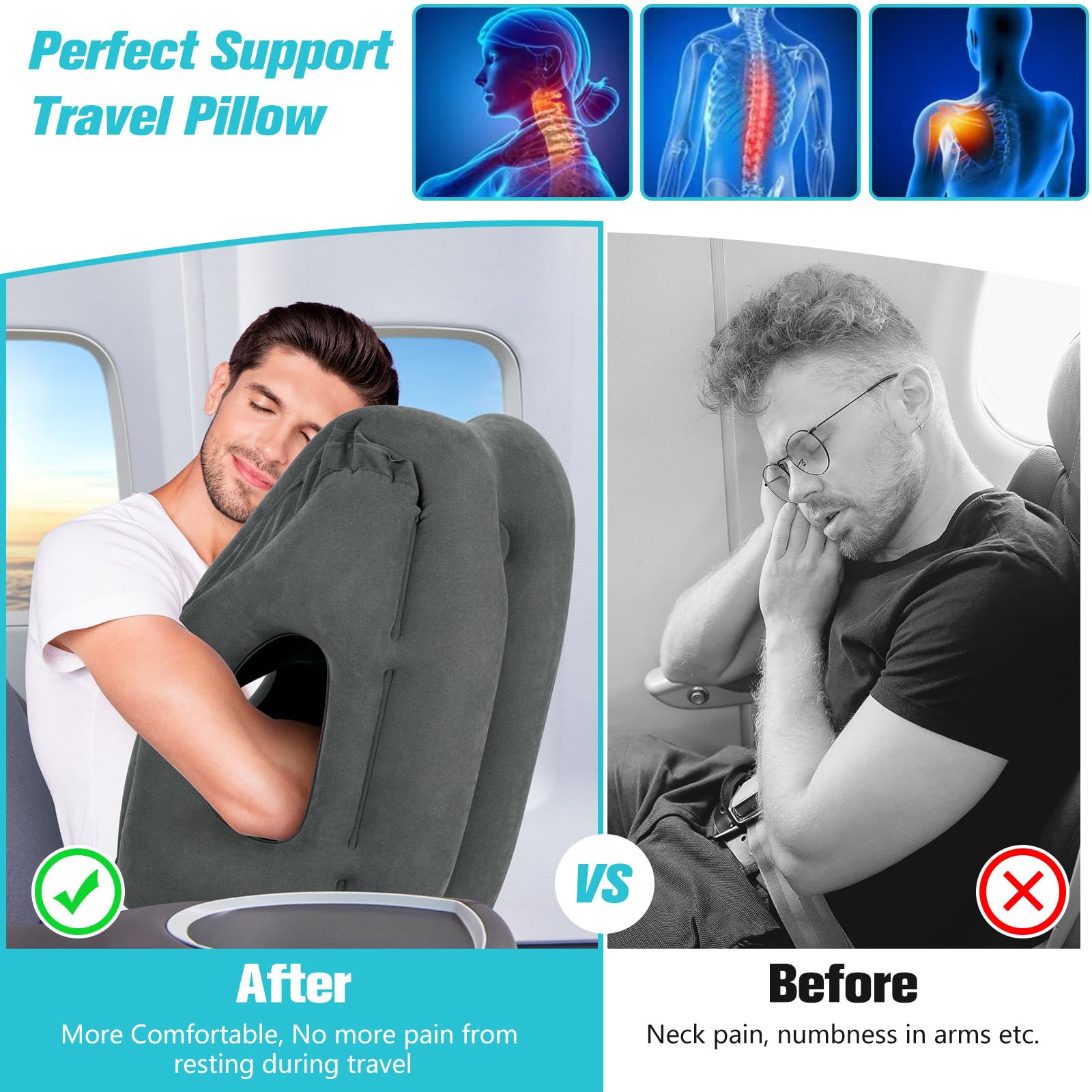 Travel Pillow For Airplane, Inflatable Neck Air Pillow For Sleeping To Avoid Neck And Shoulder Pain Comfortably Support Head Neck And Lumbar Used For Airplane Car Bus And Office Grey I3692038343