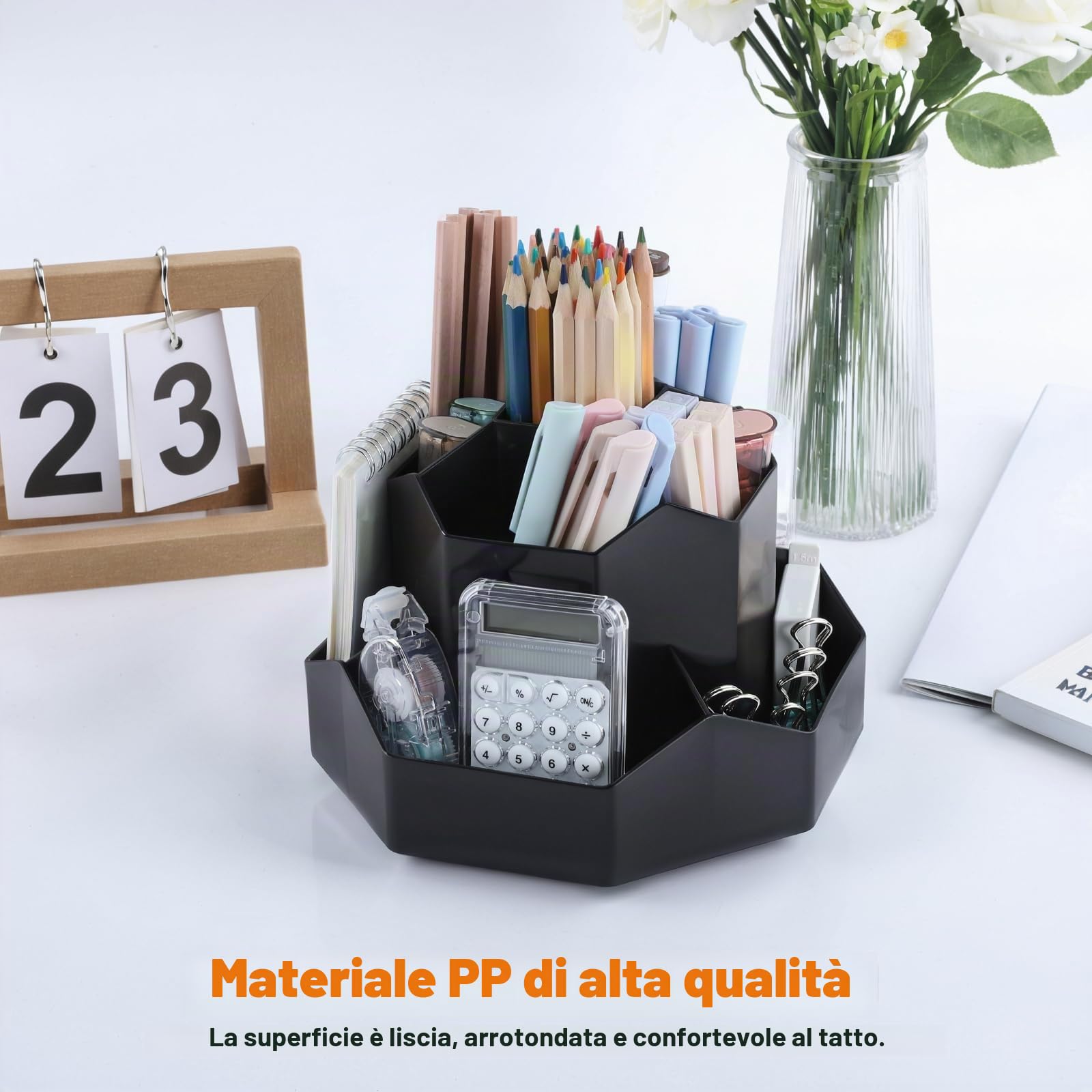 FRETONBA Portapenne Rotante da Scrivania, Organizzatore per Uufficio, con Cassetti, 9 Scomparti, Girevole a 360 Gradi, Grande Capacità - Nero