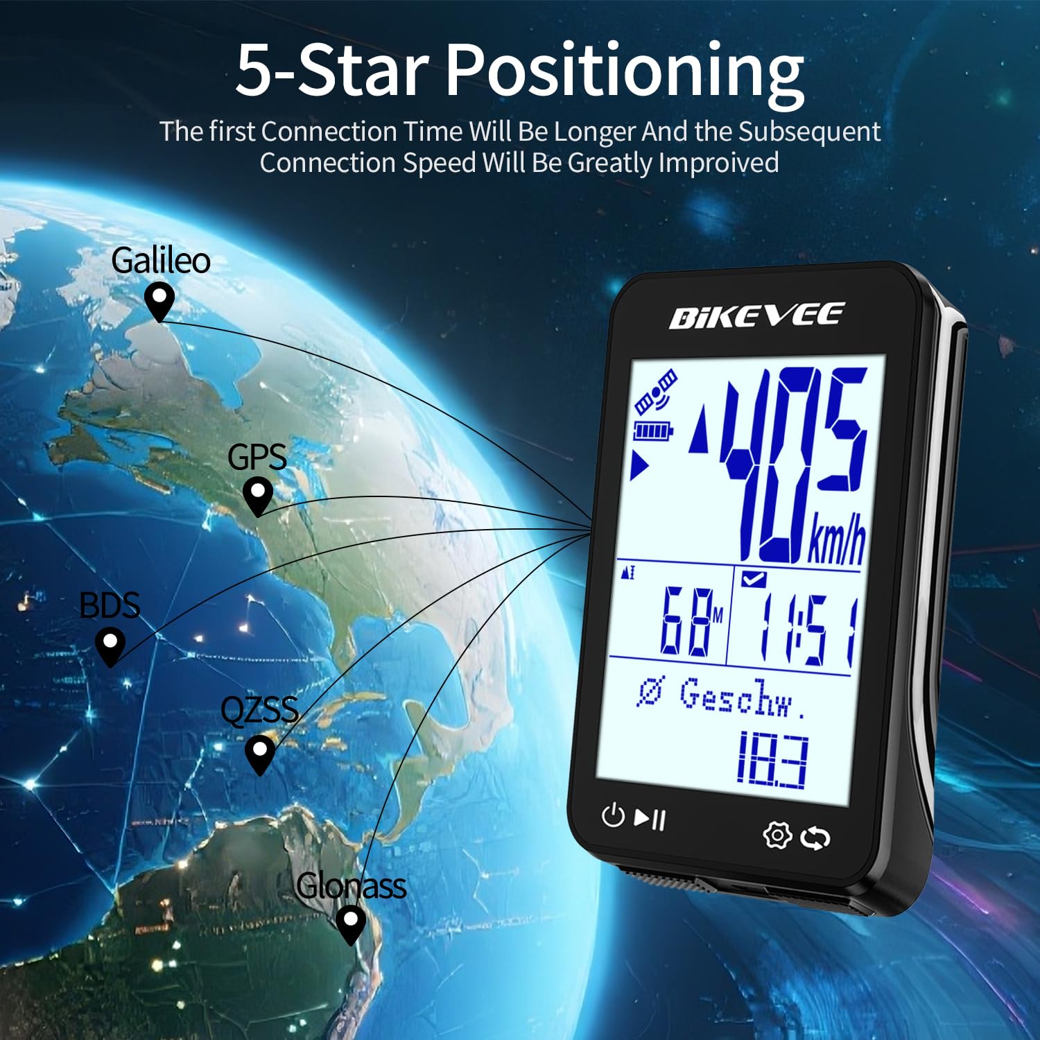 GPS Fahrradcomputer Kabellos IPX7 Wasserdicht 2.4'' FSTN Display 28H Akku