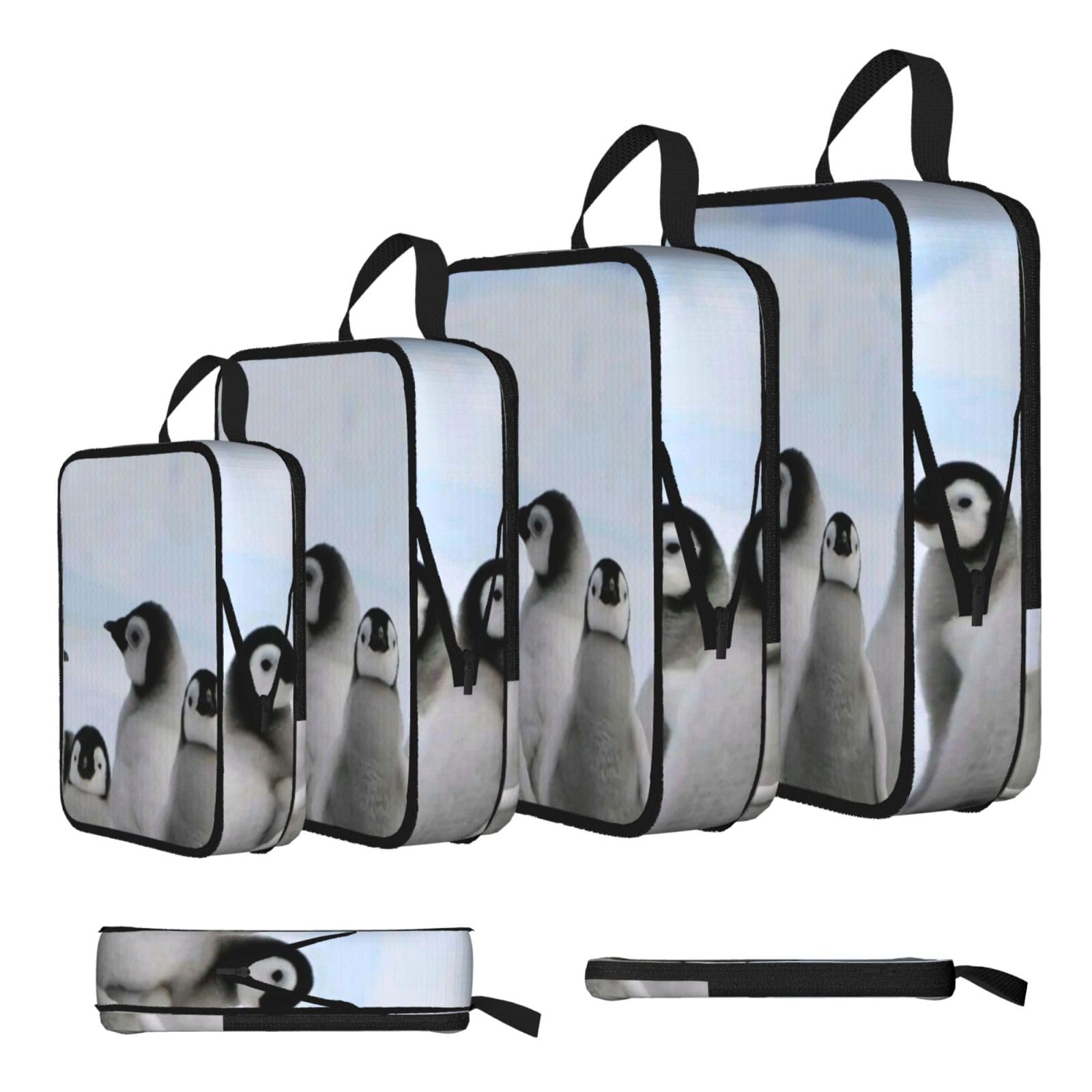 Esnaiuvcd Black Young Penguins With Snow Print 4 Set Compression Packing Cubes For Suitcases,Expandable Storage Bags Organizers