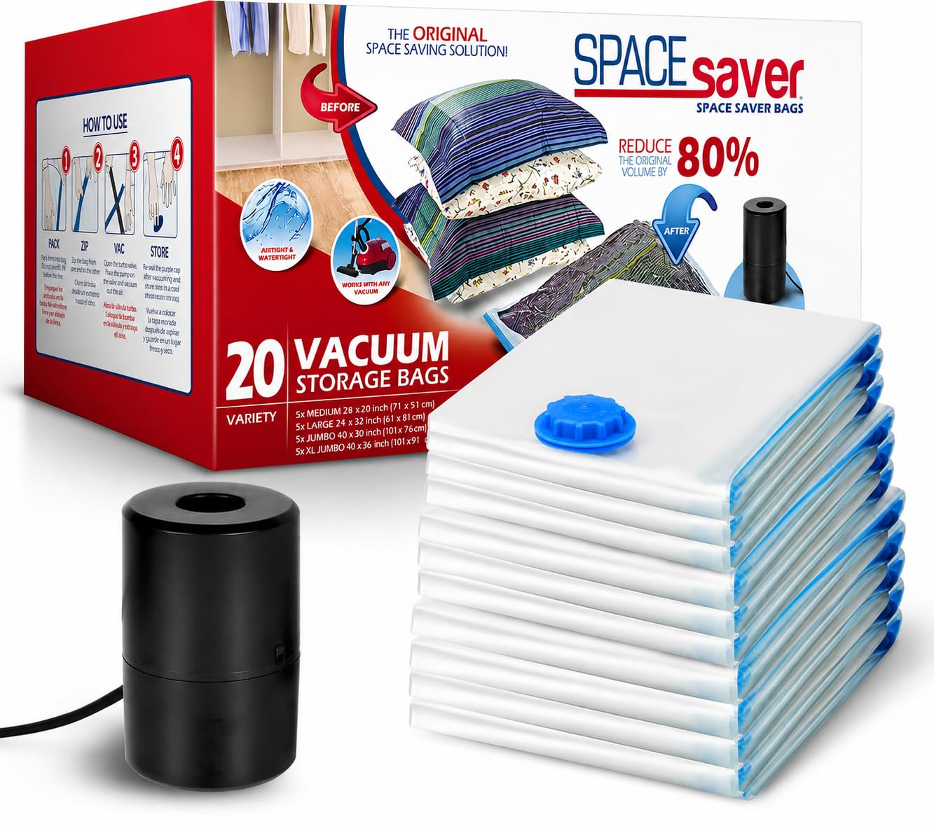 Spacesaver Vakuumbeutel für Bettdecken, Decken und Kleidung, Kompressionsbeutel mit elektrischer Pumpe, platzsparende Beutel für Bettwäsche, Umzug, Reisen und Organisation, 4S, 4M, 6L, 6XL, 20 Stück