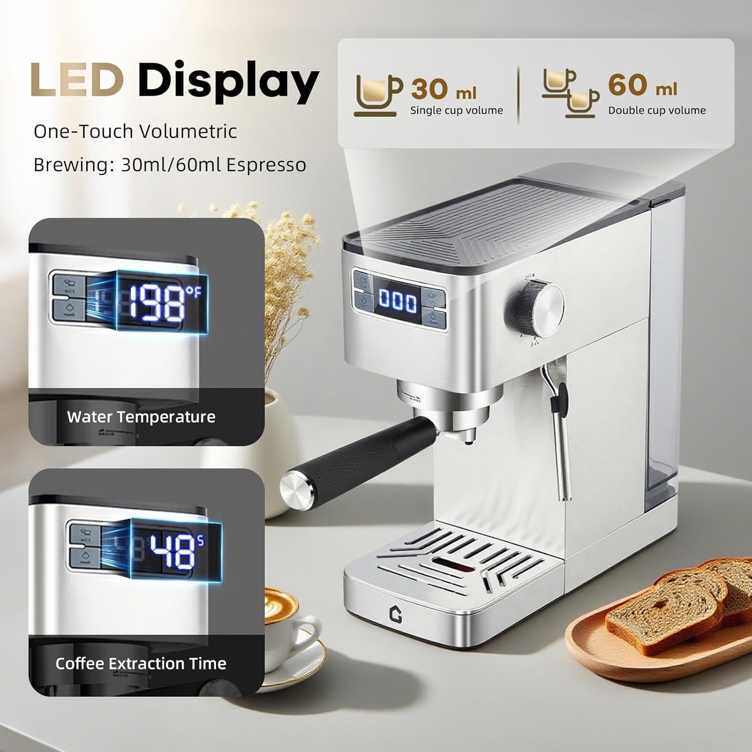 Kaffeemaschine 20 Bar Siebträger Espressomaschine mit Milchaufschäumer Thermoblock Heißwasserfunktion Entkalkungsanzeige