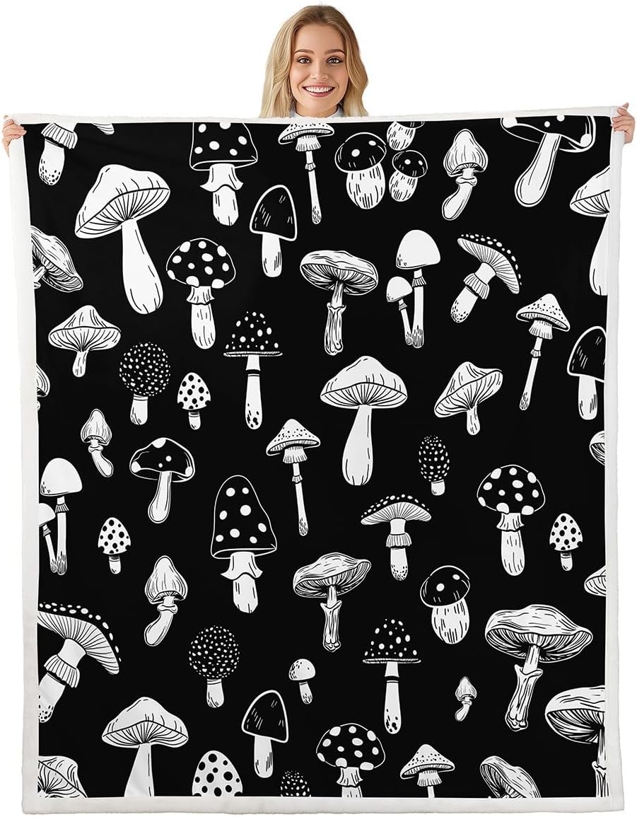 Black Mushroom Bed Blanket Kids Girls Cute Mushroom Sherpa Blanket Soft Cozy Lightweight Black and White Plush Fleece Cute Cartoon Plants Blanket Gifts for Bed Chair Office Sofa(Throw 50"x60")
