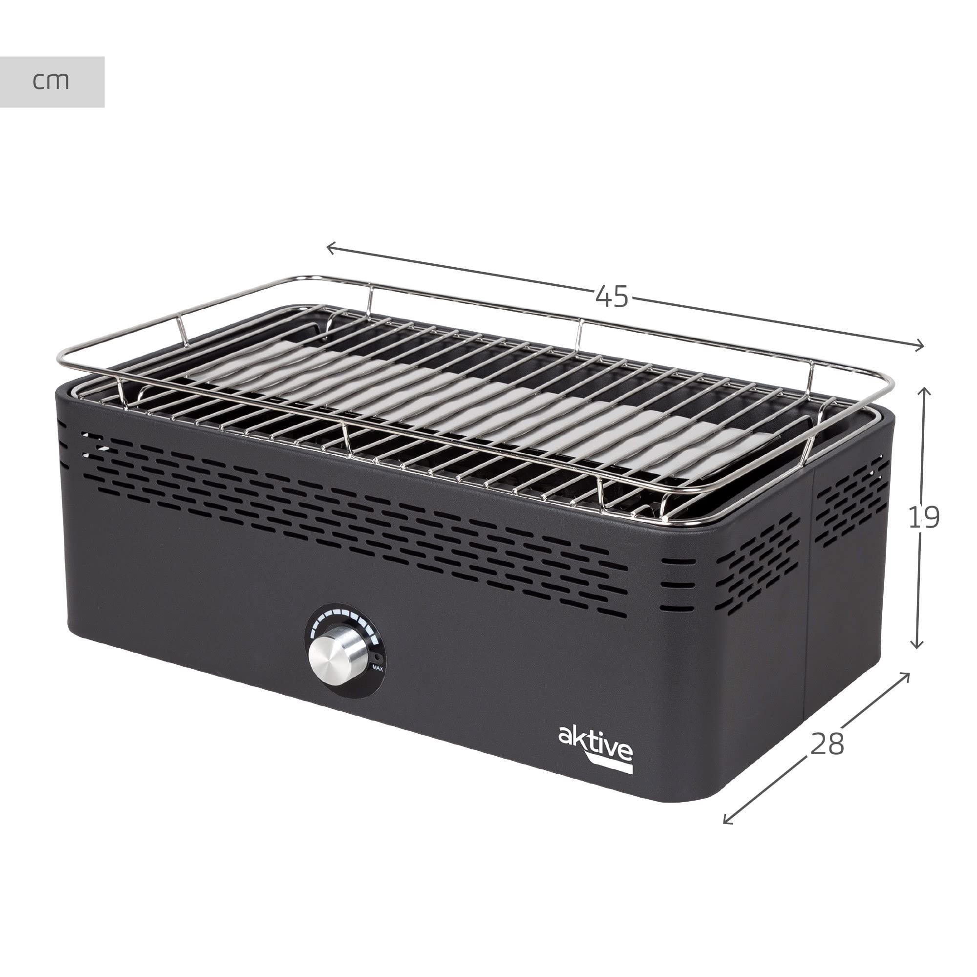Aktive - Barbacoa Portátil a carbón recargable a pilas sin Humo Negra rectangular, Protección antigoteo, Medidas 45x28x19cm, Incluye bolsa de transporte, parrilla terraza, balcón (63004)