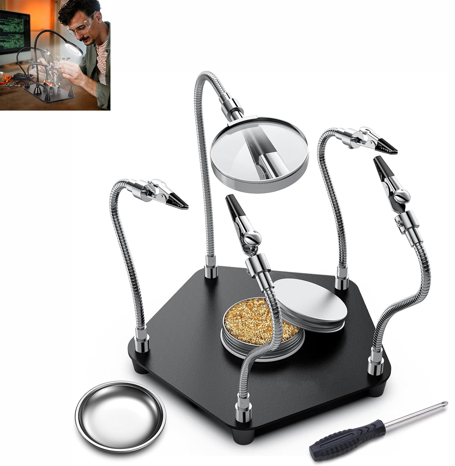Third Hand Soldering Tool,Magnetic Helping Hands Soldering, 4 Flexible Welding Auxiliary Alligator Clamps and Magnifying Glass, Soldering Clamp Tool with Sturdy Base for Repair, Soldering