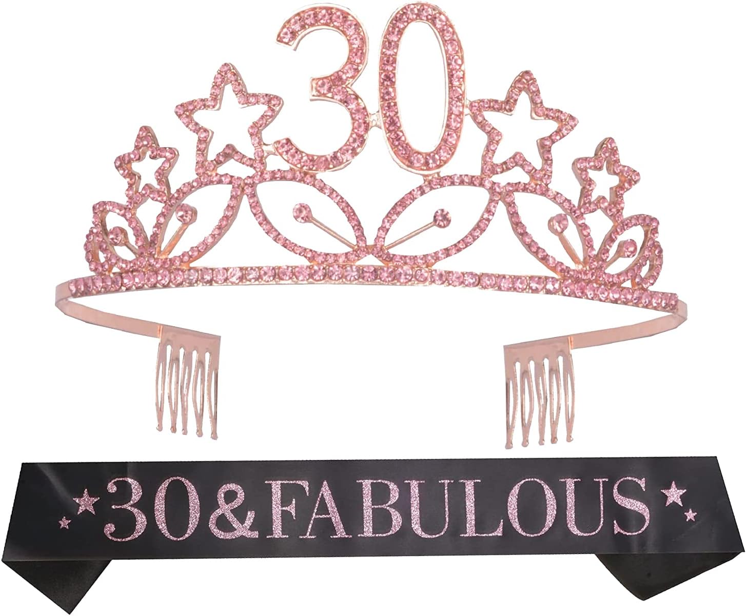 30th Birthday Sash and Tiara for Women - Fabulous Glitter Sash + Stars Rhinestone Pink Premium Metal Tiara for Her, 30th Birthday Gifts for 30 Party