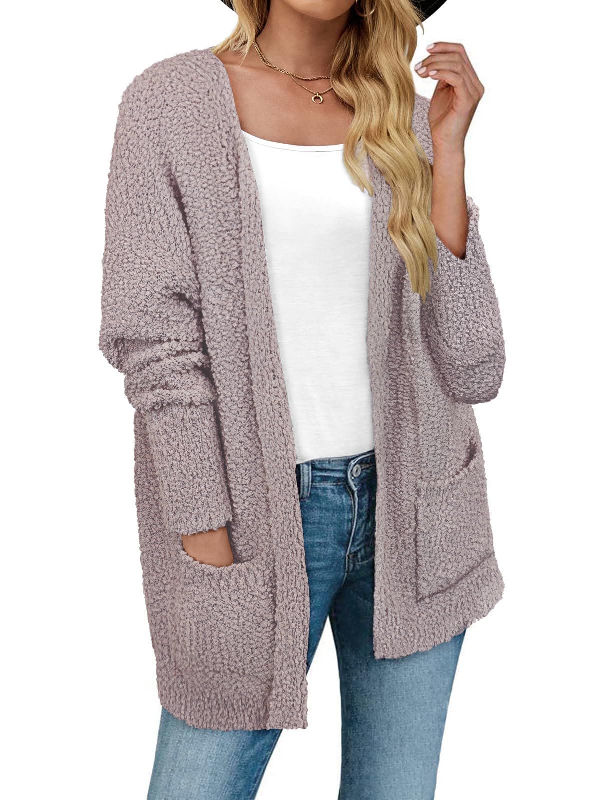 Womens Popcorn Fuzzy Knit Cardigan Open Front Long Sweaters for Fall Winter