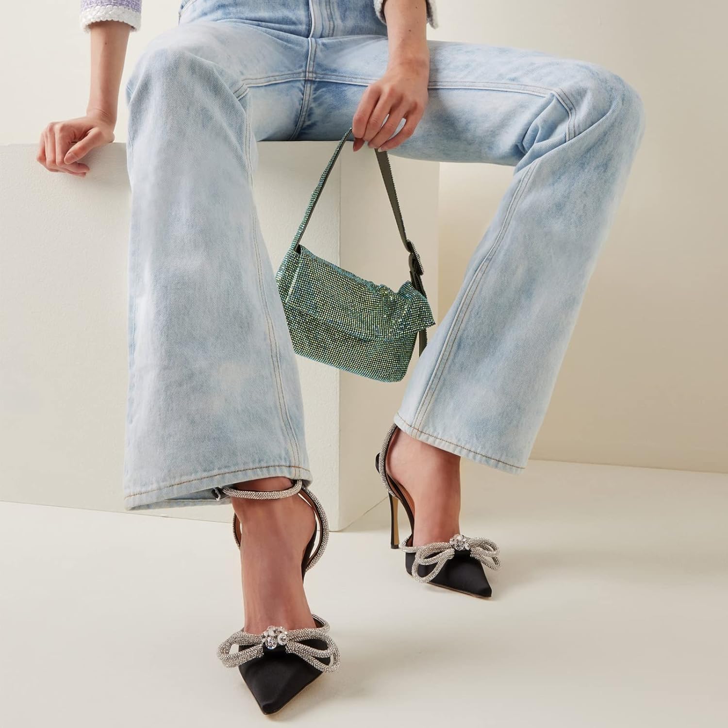 BlingQueen Women's Heeled Sandals Satin Rhinestone Ankle Strap Pumps Crystal Embellishment Pointy Stilettos Backless Wedding Dress Heeled Sandals - Image 3