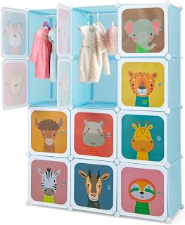 HONEY JOY Kids Wardrobe Closet, Baby Cartoon Clothes Storage Organizer, 12 Cubes & 2 Hanging Sections, Portable Children DIY Modular Bedroom Armoire Dresser Cabinet for Boys Girls (Blue)