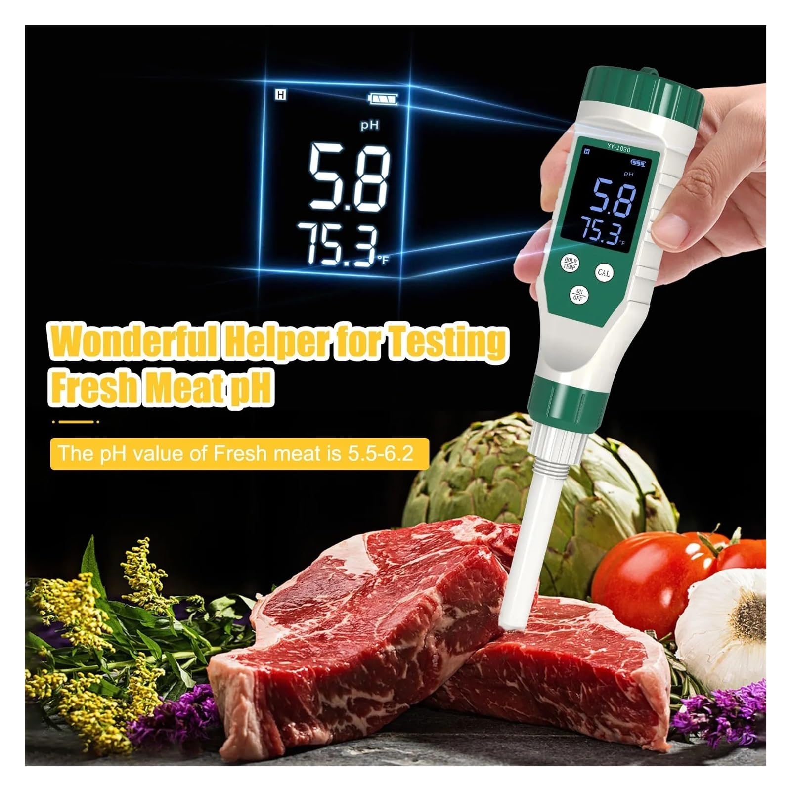 Medidor de PH alimentos inteligente, Monitor Digital acidez, probador for suelo, cosmético, queso, carne, fruta, masa madre,Alta precisión