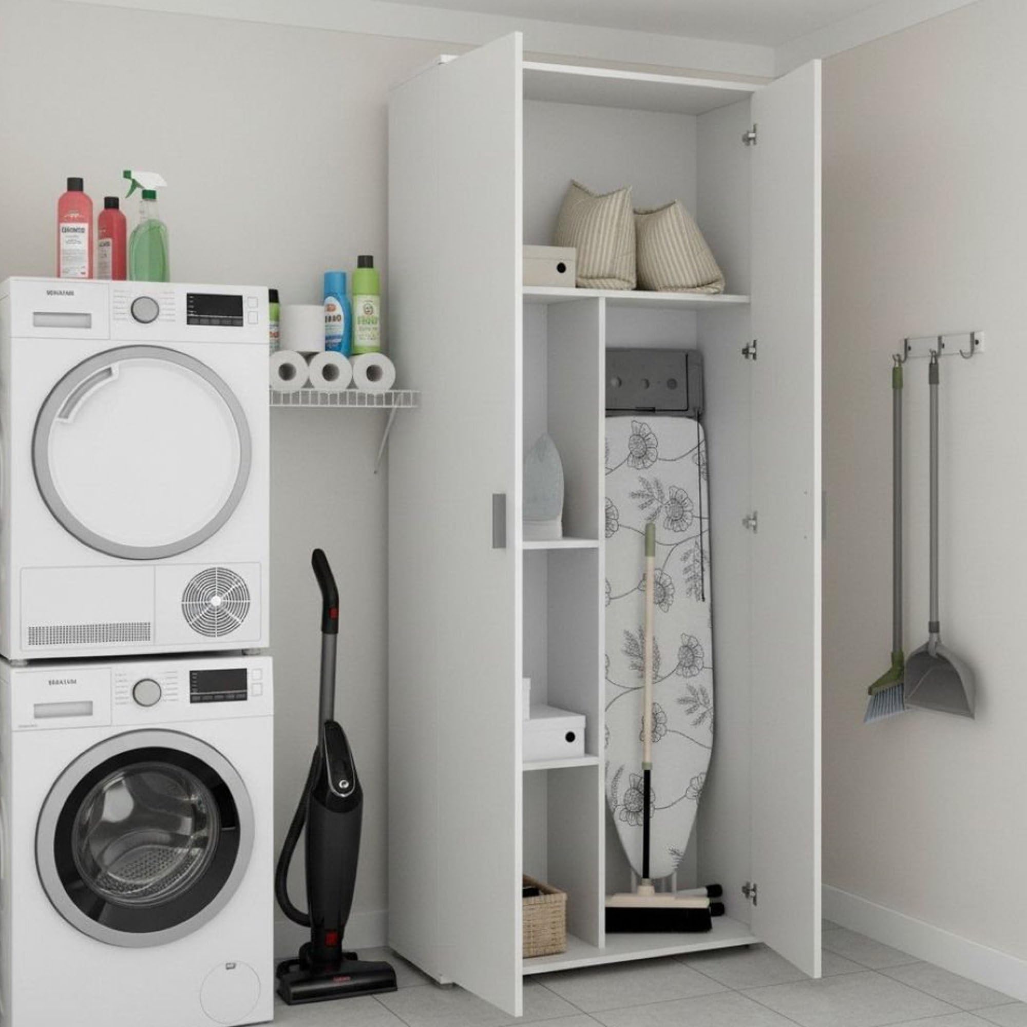 Dmora - Armadio multiuso 2 ante Forcola, Mobile multifunzione porta scope, Guardaroba porta scarpe, 78x35h190 cm, Bianco