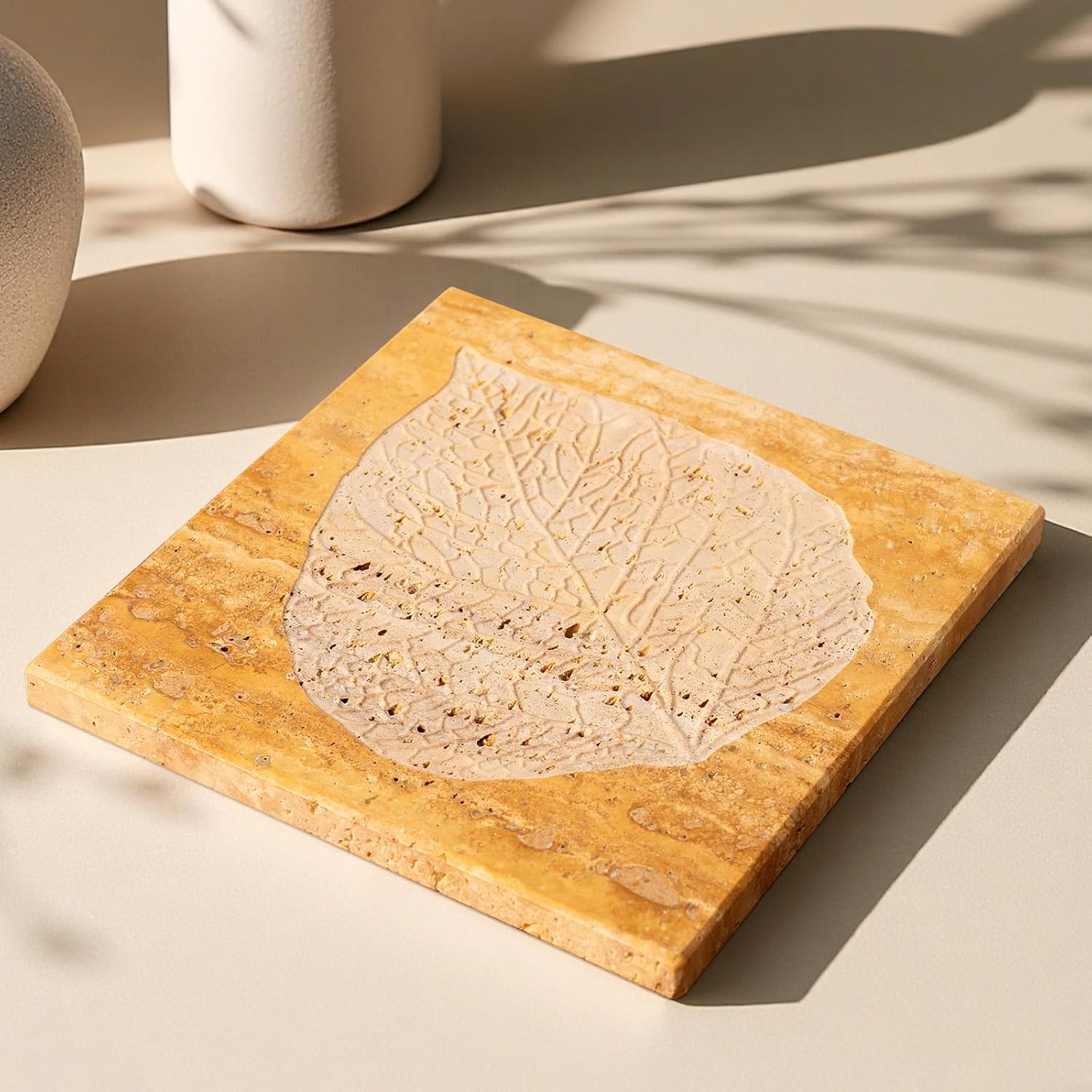 Marble Leaf Embossed Tray, Natural Golden Travertine Vanity Decorative Marble Tray for Bathroom, Jewelry, Kitchen and Desktop, Decorative Stone Pallet for Cosmetics, Perfume and Home Decor