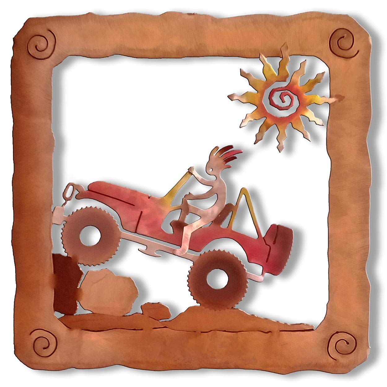 Sunland Artisans 20in Lg Kokopelli 4x4 Off Roader Colorful 3D Floating Rustic Metal Wall Art