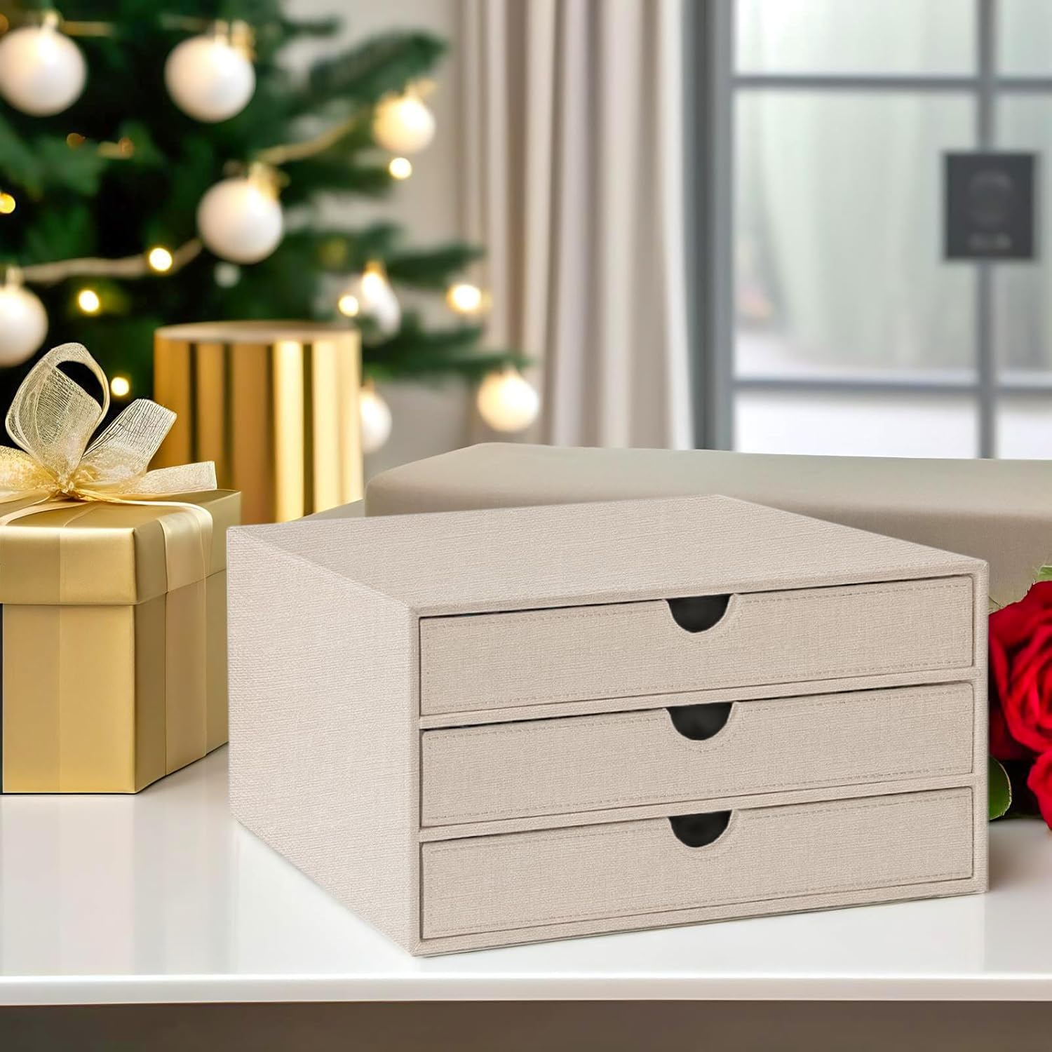 UnionBasic Document Organizer, 3-Drawer File Cabinet Document Storage Box, Office Desktop Filing Organizer, Beige