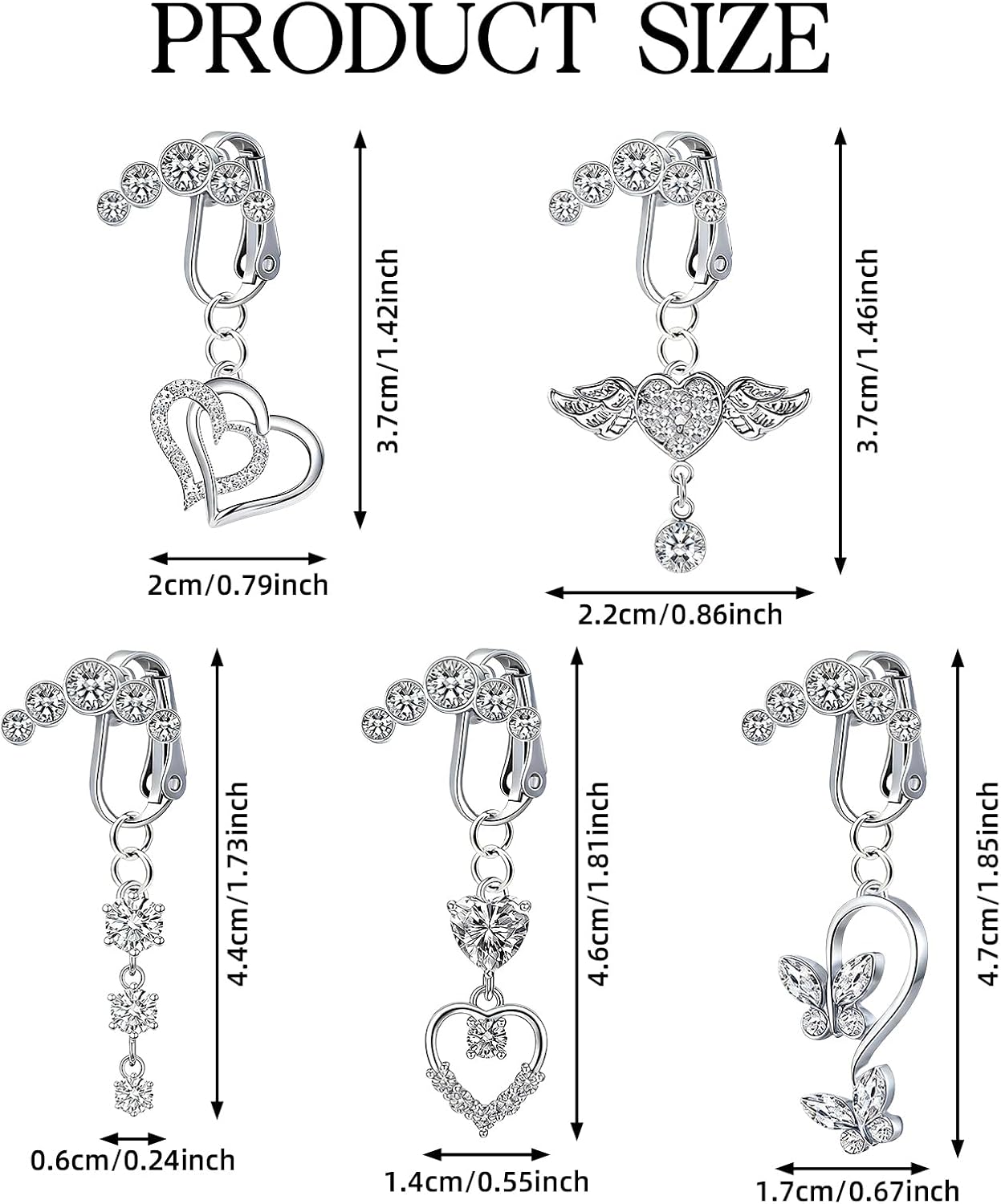 5 PCS Silver Fake Belly Piercing Set, Clip On Belly Button Rings for Women – Non Piercing Belly Ring Jewelry with Heart & Butterfly Charms, Faux Navel Jewelry for Summer Outfits, Parties & Photos