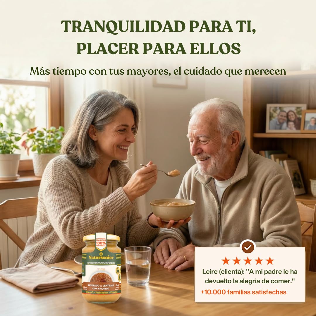 Natursenior - Comida Triturada para Personas Mayores - Pack Puré de Estofado de Lentejas con Chorizo - 100% Natural, Omega 3, Fibra, Proteína - 6 uds x 340g