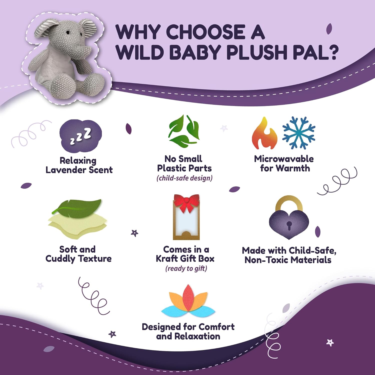 WILD BABY Microwavable & Weighted Plush Toy - Elephant Stuffed Animal for Comfort & Warmth - Soft, Heatable Plushie for Snuggles - Great for Kids, Toddlers & All Ages - Image 3