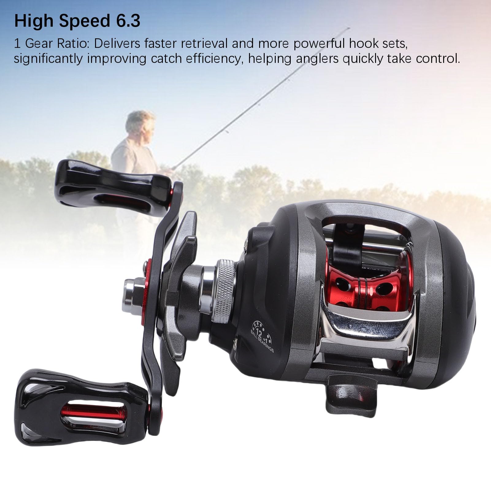 Mulinello da pesca SustVita Baitcaster con metodo anti-ritorno, rapporto di trasmissione ad alta velocità 6,3:1, potenza di trascinamento di 17,6 libbre, modello per mano sinistra