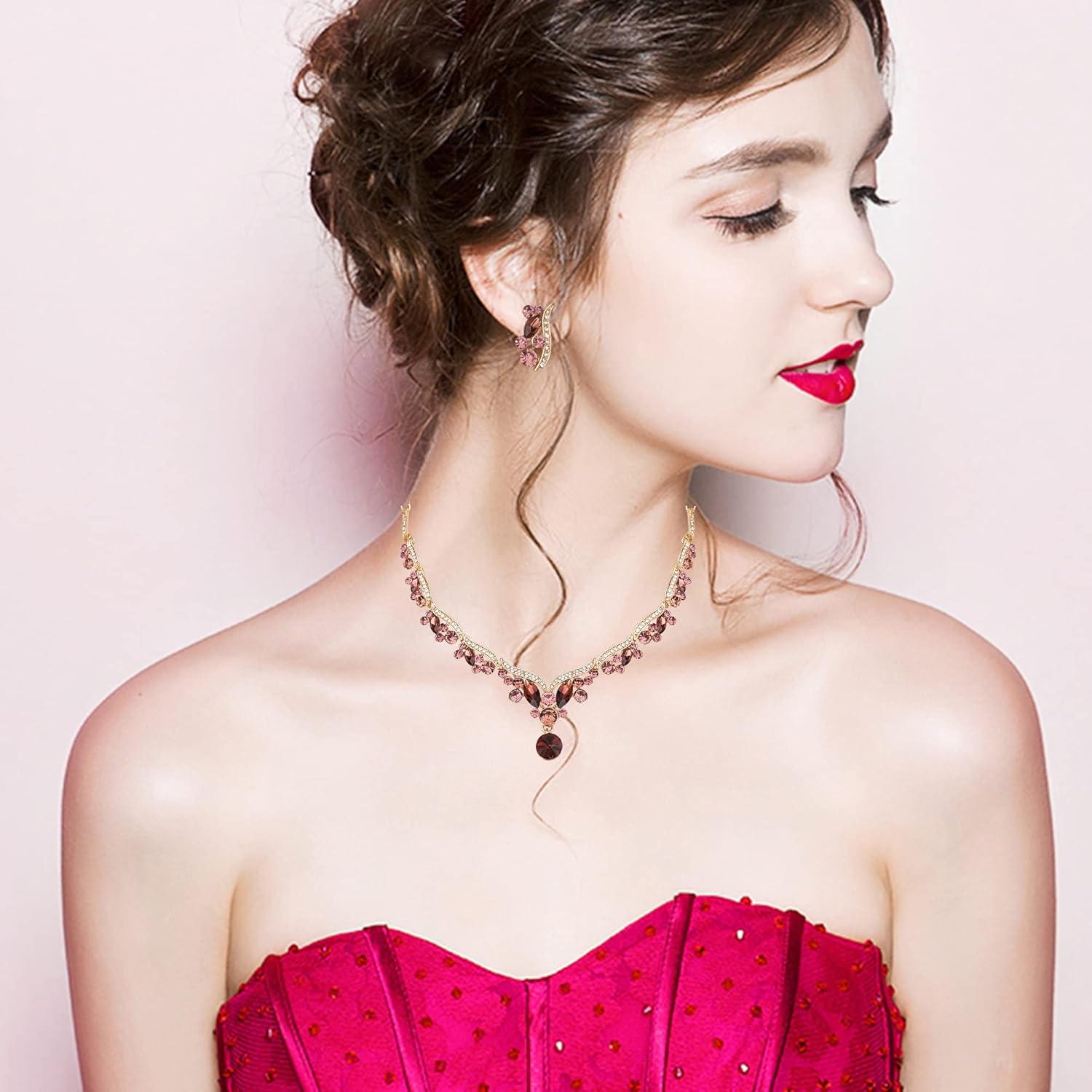 Elegant Austrian Crystal Bridal Choker Necklace Earring Link Bracelet Sets Wedding Prom Costume Jewelry For Bride Bridesmaid Women