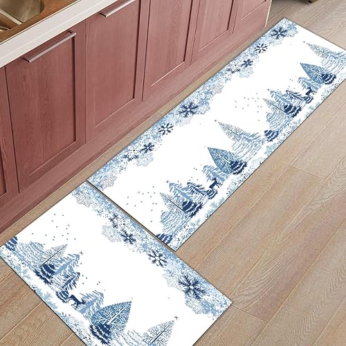 Miniatura 7 de Juego de 1 alfombra y tapetes de cocina de Navidad, diseño abstracto de copos de nieve, alce y arbor, tapete antideslizante para el hogar, comedor,