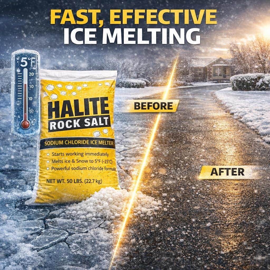 Bulk Ice Melt- Sodium Chloride Rock Salt Pallet of Ice Melt- 50 lb Bag- Melts to 5°F - Halite Commercial Grade Ice & Snow Melt in Bulk [Pallet of 49 Bags] 50 lbs Each! Easy to apply~