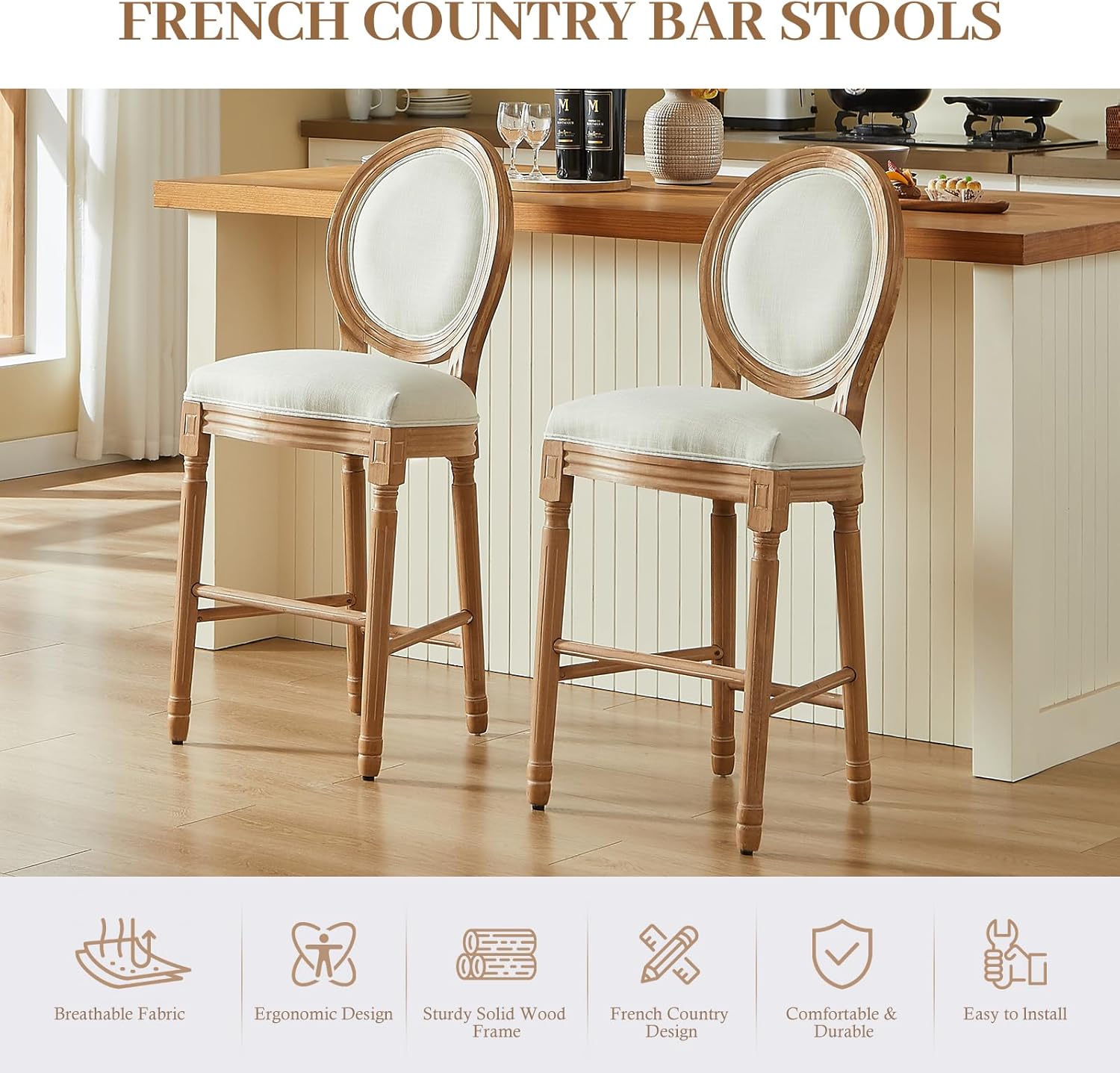 Nrizc Bar Height Chairs Set of 2, French Country Barstools with Solid Wood Frame and Upholstered Seating, Bar Stool for Dining Room, Kitchen