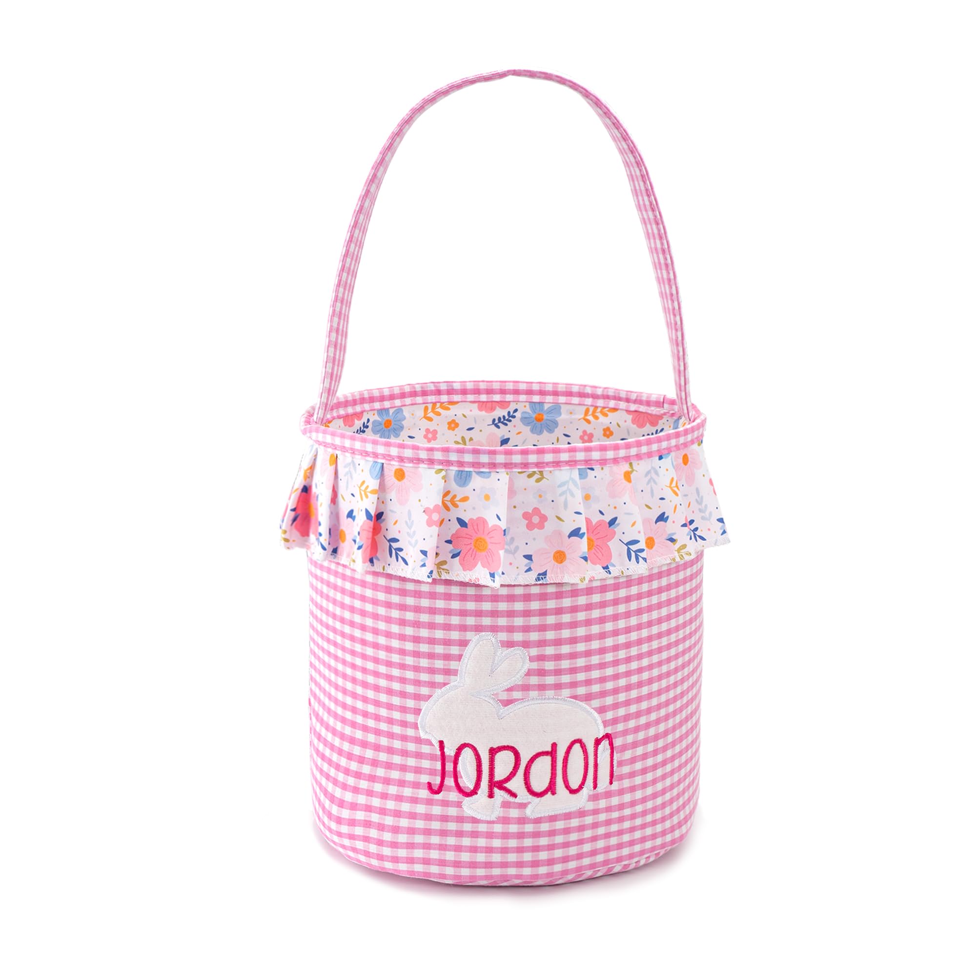 MT WORLD Toddler Easter Bunny Basket Personalized Easter Egg Bucket for Kids with Name Rabbit Ruffle Bucket Tote for Baby Boys Girls Easter Egg Hunts Decorations Candy Gifts Storage (Pink Plaid)