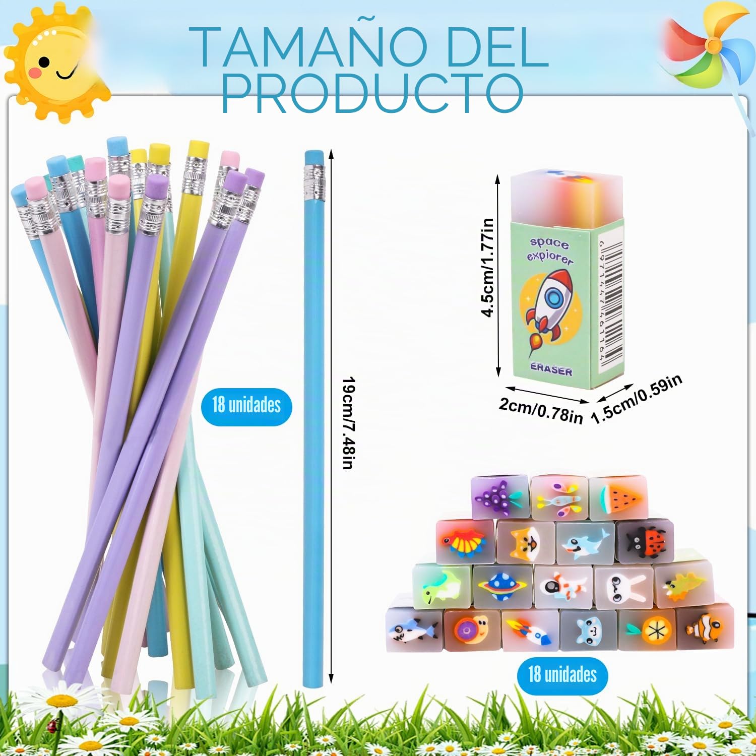 36 Piezas Lápices Infantiles con Borrador, Regalos para Cumpleaños Infantiles, 18 Borradores Divertidos 18 Lápices, Gomas de Borrar Divertidas para Niños y Niñas, Útiles Escolares