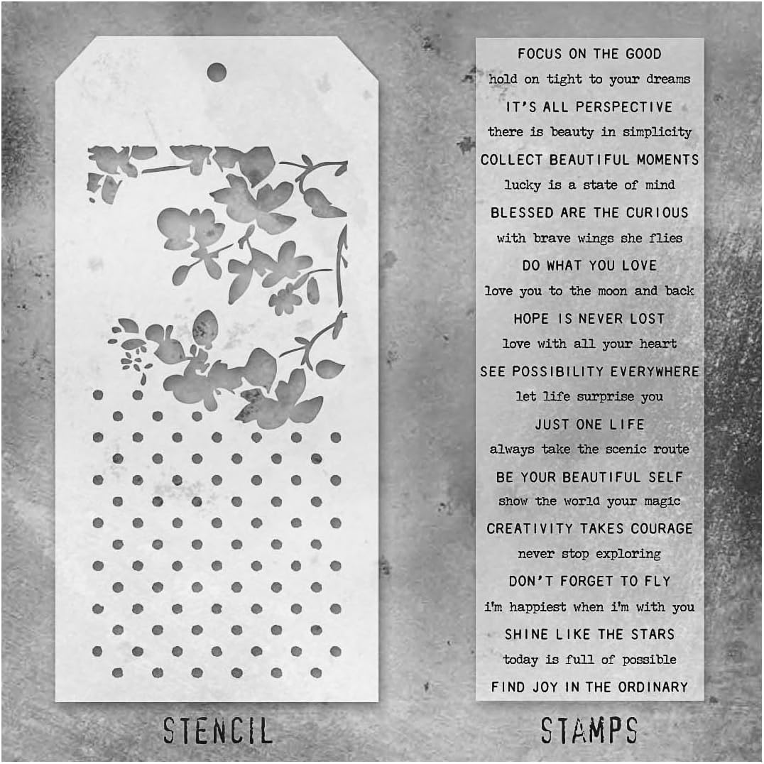 Stamper's Anonymous Tim Holtz Polka Dot Blossom Sayings Mixed Media Stamp and Stencil Set THMM113