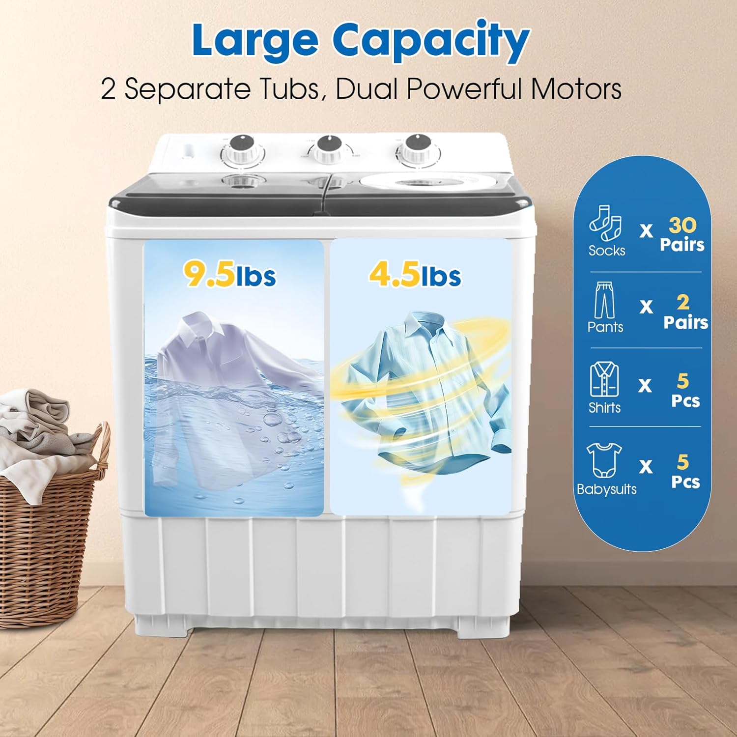 Dawmilon Portable Washing Machine Twin Tub - 14lbs Compact Washer (9,5lbs) and Spinner Dryer (4.5lbs) Combo with Drain Pump - Semi Automatic Washing Machine for Apartments, Dorms, RVs, Camping - Grey
