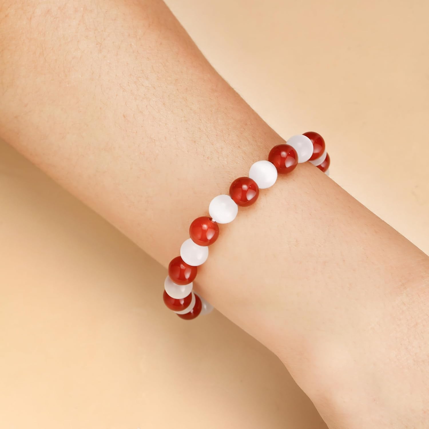 Red and White Agate Cat Eye Crystal Natural Stone Beaded Stretch Bracelet, Unisex Christmas Birthday Gift For Man Women (8mm-Red-White) - Image 2
