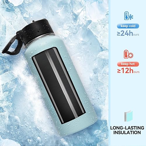 Miniatura 5 de Neihepal - Botellas de agua aisladas de 32 onzas a granel con 2 tapas (pajita y boquilla), botella de agua de acero inoxidable de doble pared,