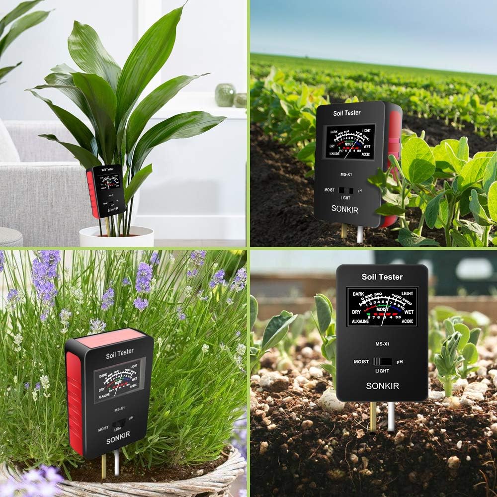 SONKIR Soil pH Meter, MS-X1 Upgraded 3-in-1 Soil Moisture/Light/pH Tester Gardening Tool Kits for Plant Care, Great for Garden, Lawn, Farm (Black)