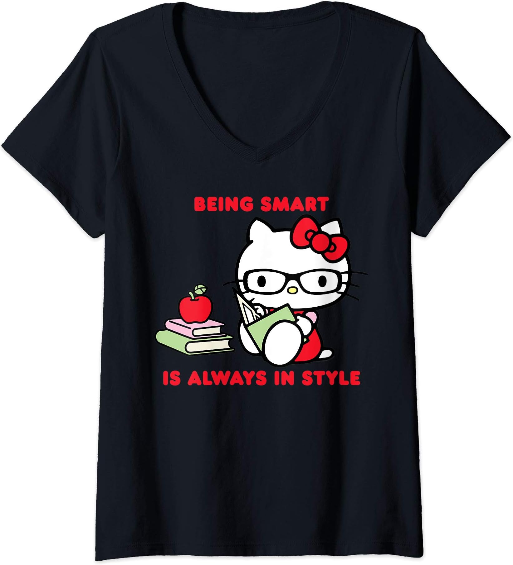 Hello KittyWomens Hello Kitty Being Smart Is Always In Style Books Student V-Neck T-Shirt