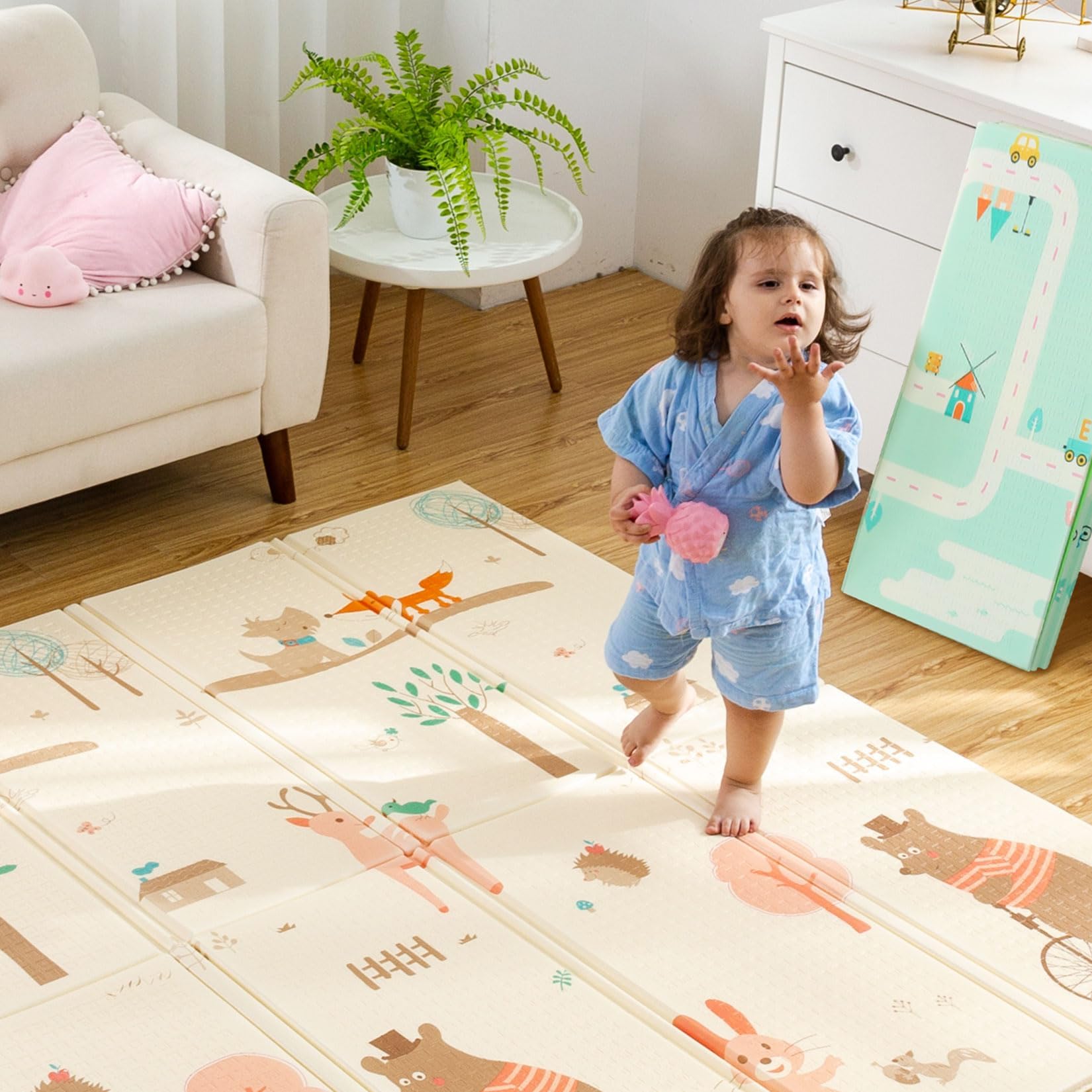 Infant Shining Baby Playmat (79*71 Inch) Thick Foam Floor Mat Children Reversible Crawling Play Mat BPA Free (79*71*0.4 Inch, Dream-City)