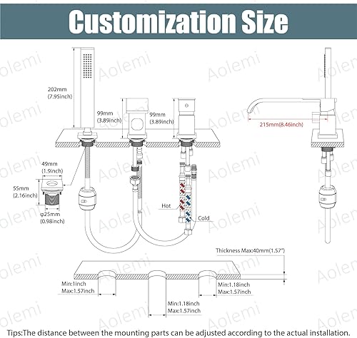 Miniatura 6 de Aolemi Grifo de bañera romano cromado polaco moderno baño bañera relleno larga cascada caño con rociador de mano ducha 3 agujeros sola manija