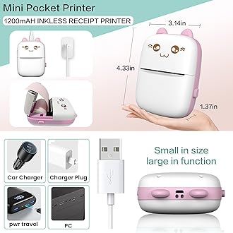 Mini Printer Portable, Inkless Sticker printer with 8 Rolls Paper, Bluetooth Wireless mini thermal printer Compatible with iOS + Android for Journal, Memo, Photo, Print Pod Gifts for Girls Kids (Pink)