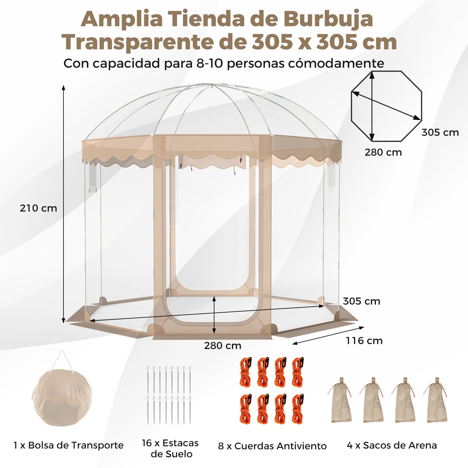 COSTWAY Tienda de Campaña Deportiva para 8-10 Personas, 305 x 305 x 210 cm, Carpa Burbuja Transparente, Panorámico de 540°, Animar, Pescar y Acampar