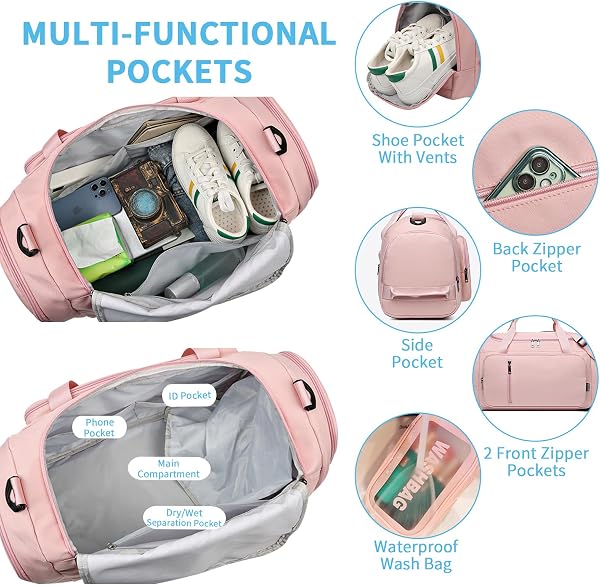 Duffle Bag for Women Travel Duffel Bag with Shoe Compartment Wet Pocket Weekend Duffel Bag Hospital Duffel Bag for Travel 30L, Pink, Travel bag - 3