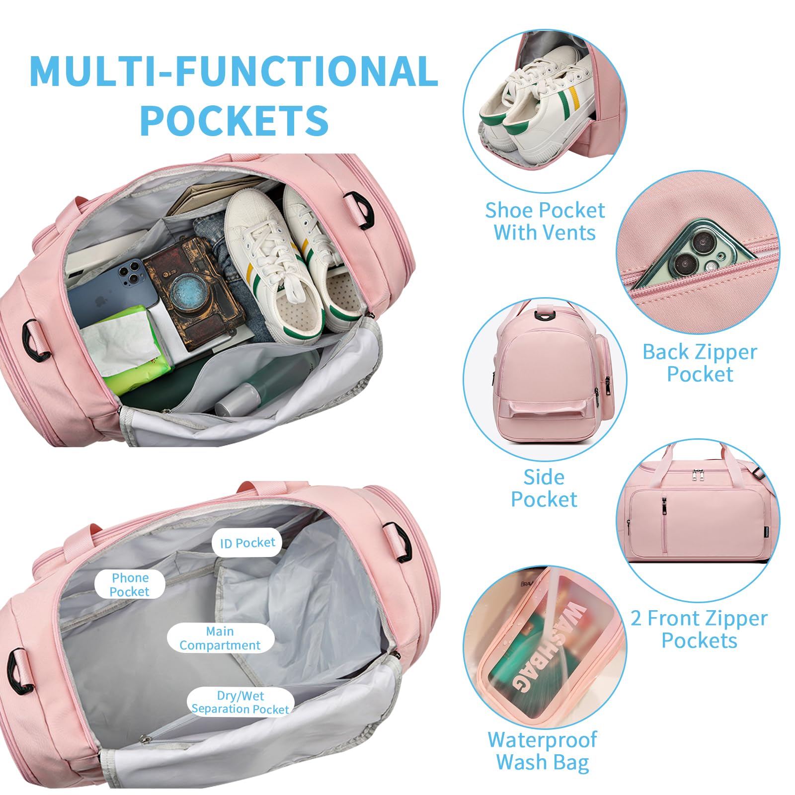 Duffle Bag for Women Travel Duffel Bag with Shoe Compartment Wet Pocket Weekend Duffel Bag Hospital Duffel Bag for Travel 30L, Pink, Travel bag - 3