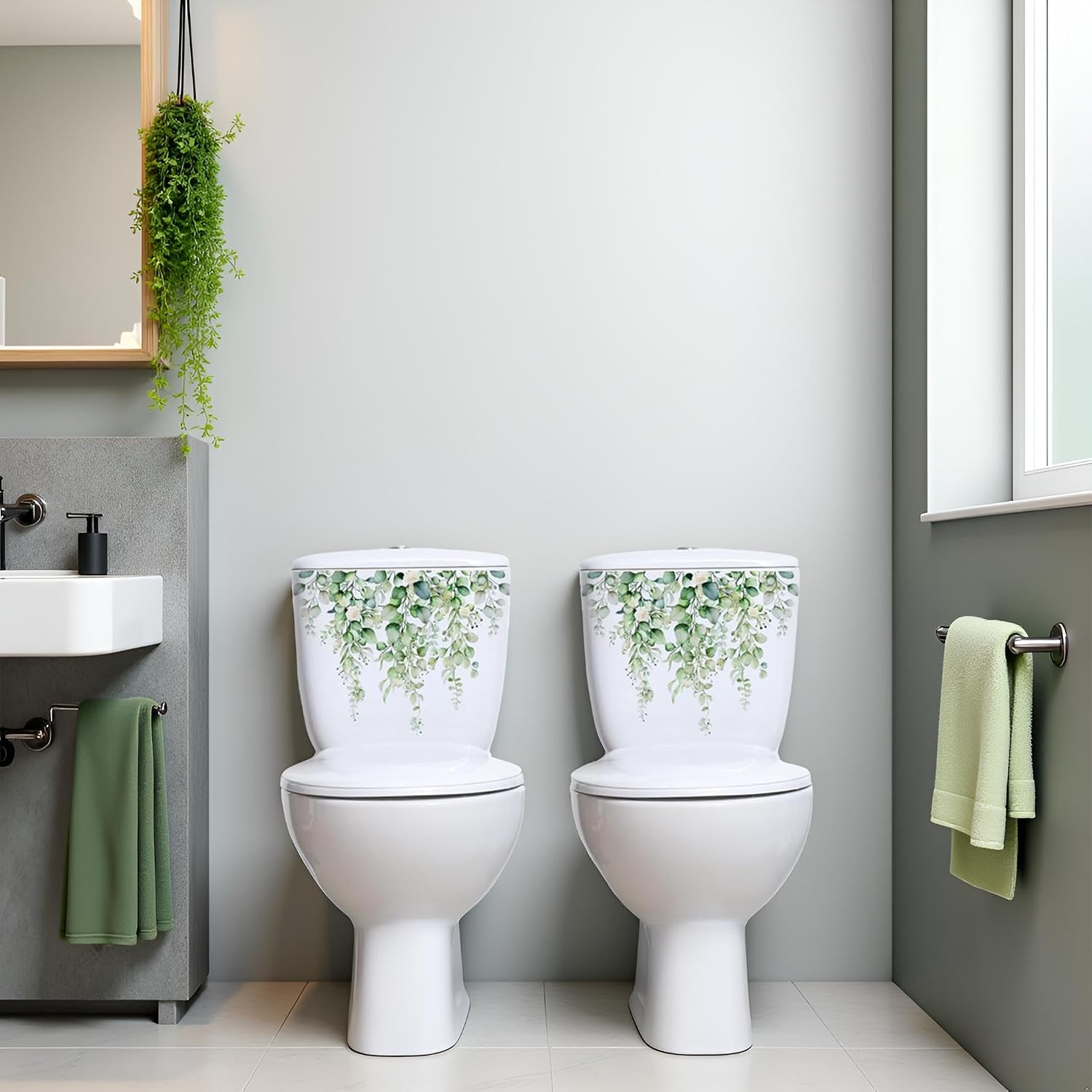 2 Sheets Green Plants Toilet Stickers Leaves Flowers Toilet Lid Decals Self-Adhesive Plants Toilet Bathroom Wall Decoration