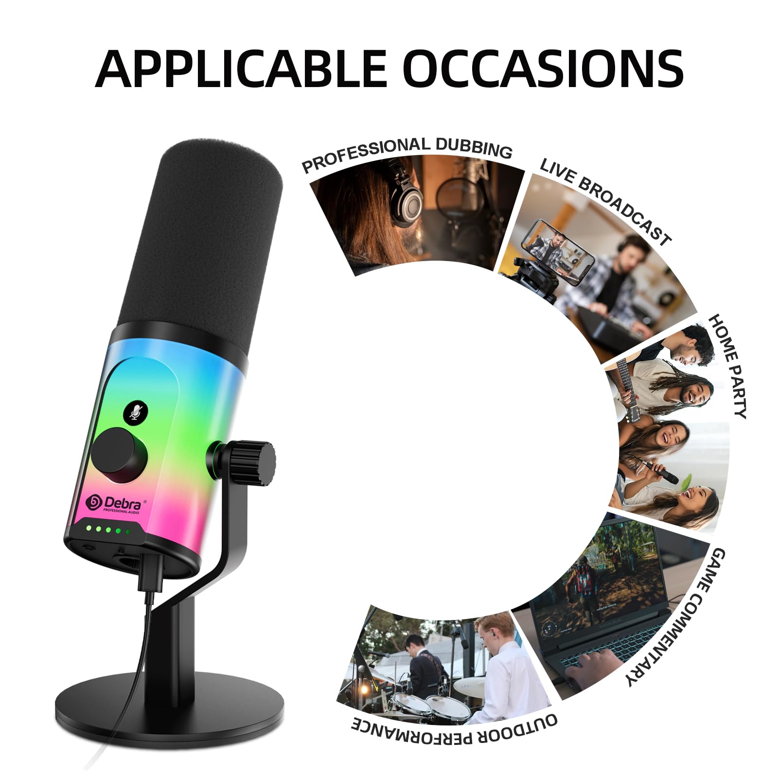 D Debra Microphone Dynamique XLR/USB-C pour Streaming, Podcast et Enregistrement, Microphone Cardioïde 192kHz/24Bit avec Bouton Muet Tactile, Réglage Gain et Prise Casque pour PC et Smartphone