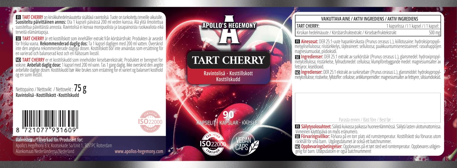 Tart Cherry 500 mg par gélule - Extrait concentré 25:1-90 gélules végétaliennes pour un bien-être amélioré - par Apollo's Hegemony