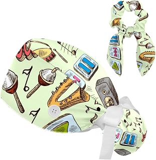 FVQL 2 Pieces Surgical Cap for Long Hair Scrub Cap with Hairband Nurse Cap, Cartoon Music Instrument