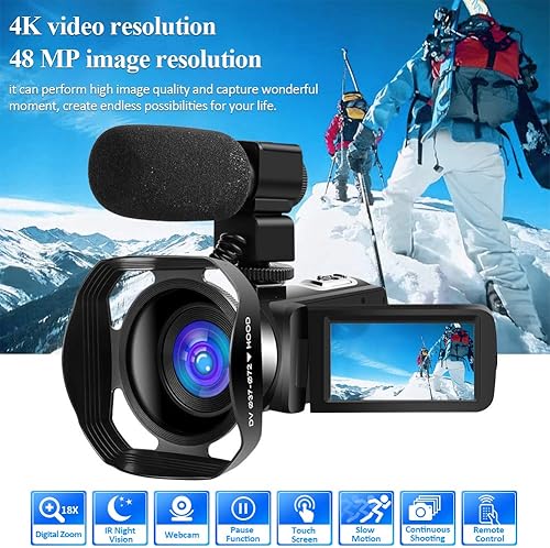 Miniatura 3 de SEREE TECH Videocámara de cámara de video 4K 48MP 60FPS 18X IR visión nocturna Cámara de 30 HD pantalla táctil para YouTube con 2 baterías
