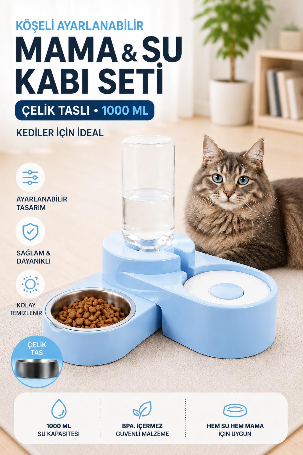 Miapet Köşeli Ayarlanabilir Hazneli Çelik Taslı Kedi-Köpek Mama Ve Su Kabı Seti 1000ml Turkuaz
