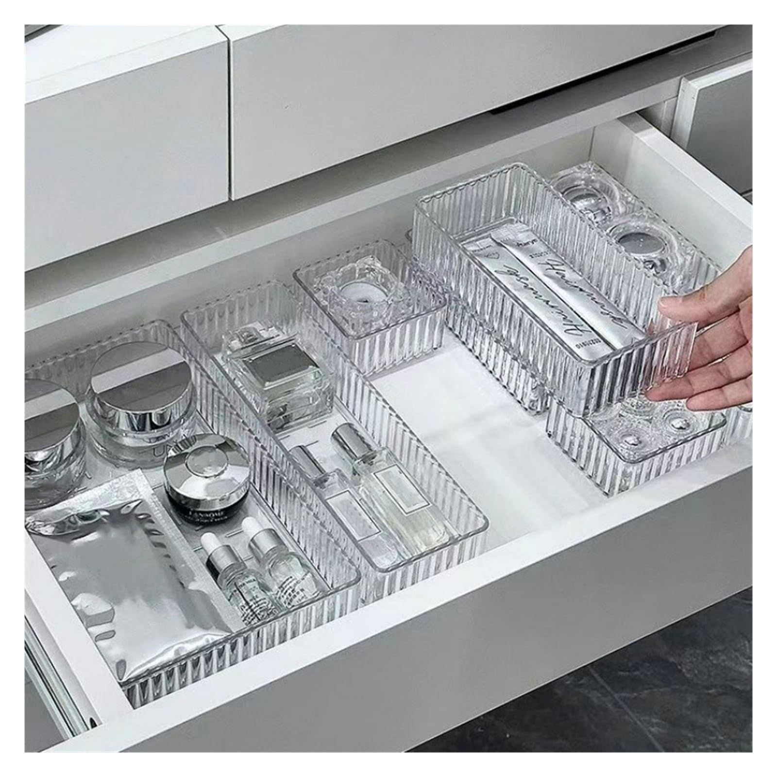 Generico Organizer for cassetti in acrilico impilabile da 7 pezzi - Vassoi divisori regolabili for cosmetici, scatola portaoggetti modulare for trucchi